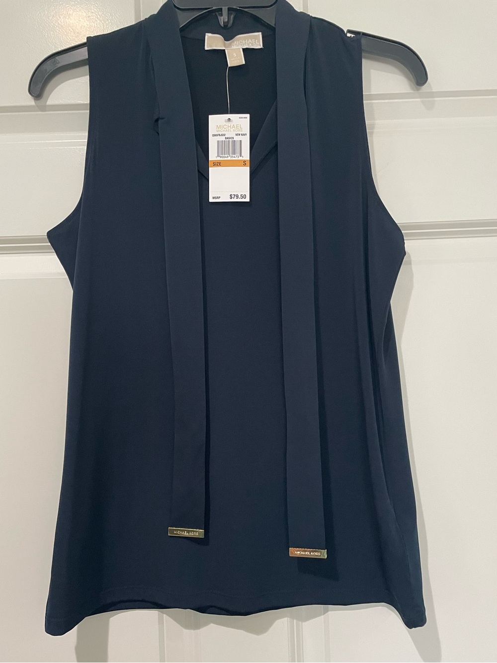 Michael Kors Navy Sleeveless V-Neck Tie Neck Tank